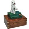 White poodle with sport cut figurine memorial cremation urn, engraved wood