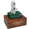 White poodle with sport cut figurine memorial cremation urn, engraved wood, gold fill