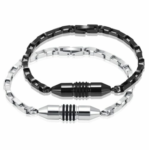 Box Link stainless steel memorial cremation keepsake bracelet, silver and black