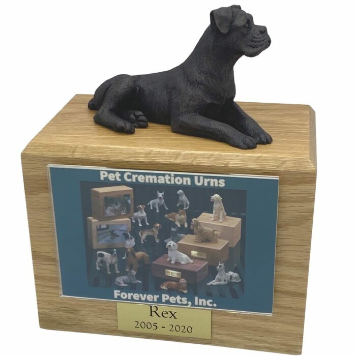 Bronze look boxer dog figurine atop wood memorial photo holder cremation urn