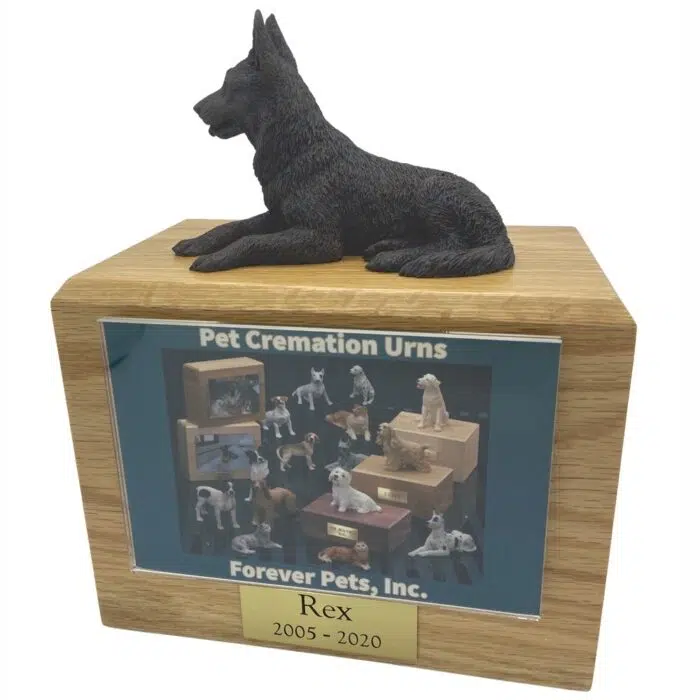 Bronze look german shepherd dog figurine atop wood memorial photo holder cremation urn