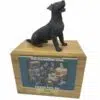 Bronze look Jack Russell Terrier dog figurine atop wood memorial photo holder cremation urn