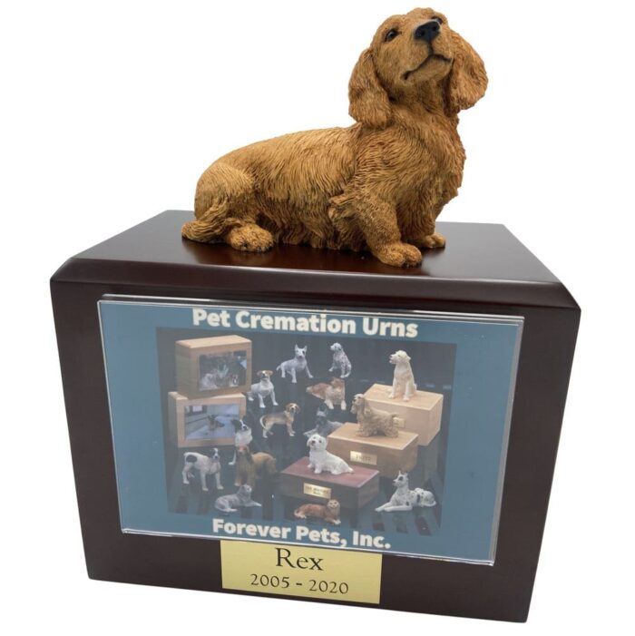 Dachshund dog figurine atop wood memorial photo holder cremation urn