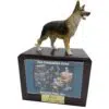 German Shepherd dog figurine atop wood memorial photo holder cremation urn