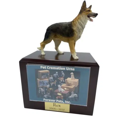 German Shepherd dog figurine atop wood memorial photo holder cremation urn