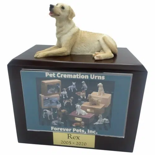 Golden Labrador dog figurine atop wood memorial photo holder cremation urn