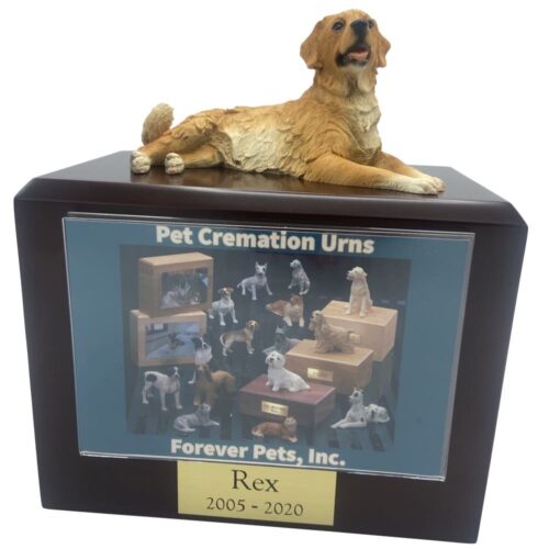 Golden Retriever dog figurine atop wood memorial photo holder cremation urn