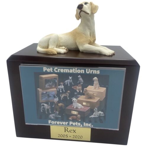 Yellow Labrador Retriever dog figurine atop wood memorial photo holder cremation urn