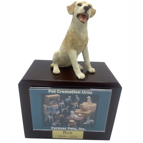 Yellow Labrador Retriever dog figurine atop wood memorial photo holder cremation urn