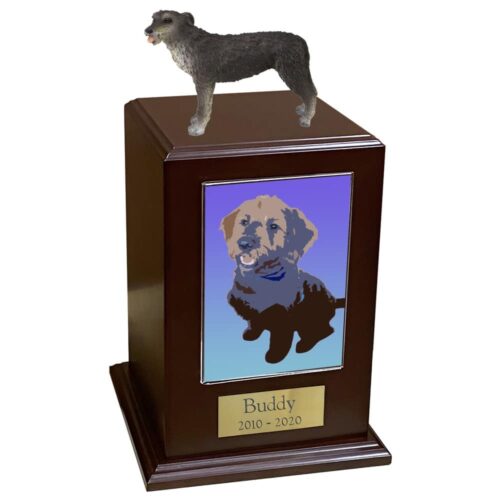 Irish Wolfhound dog figurine atop a large tower photo cremation urn