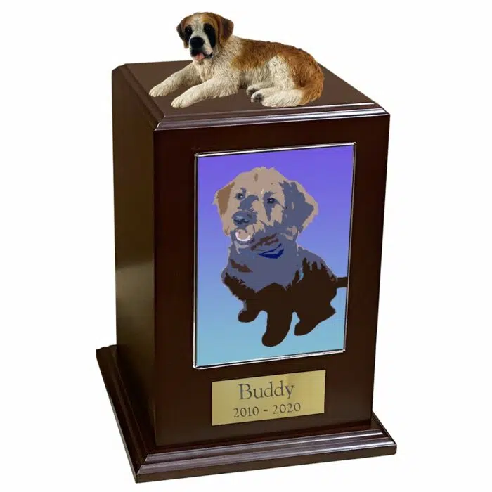 Saint Bernard dog figurine atop a large tower photo cremation urn