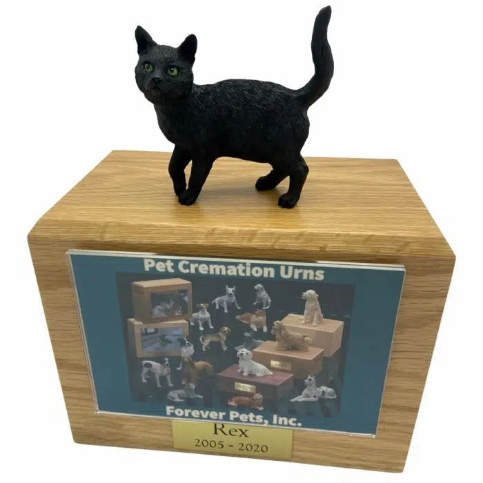 Black standing shorthaired cat photo holder memorial cremation urn