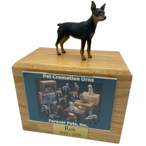 Black tan miniature doberman pinscher dog photo holder memorial cremation urn