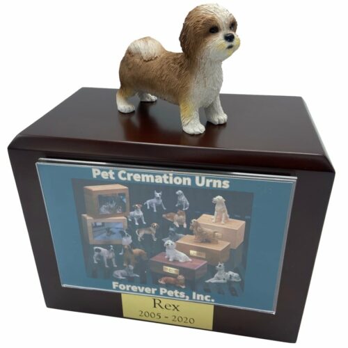 Brown puppycut Lhasa Apso dog photo holder memorial cremation urn