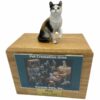 Sitting calico shorthaired cat photo holder memorial cremation urn