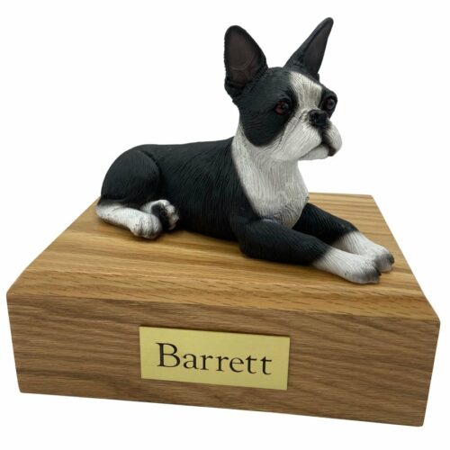 Boston Terrier, laying, black/white dog memorial cremation funeral urn