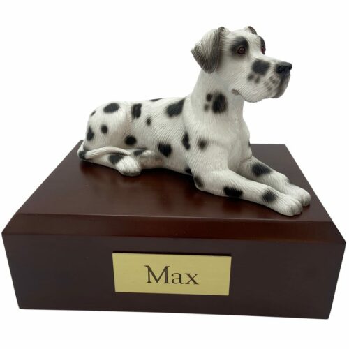 Great dane, laying, harlequin, ears down, dog memorial cremation funeral urn