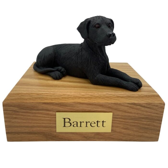 Black Labrador cremation figurine urn w/wooden storage box