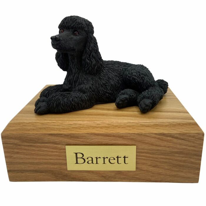 Poodle, laying, black, dog memorial cremation funeral urn