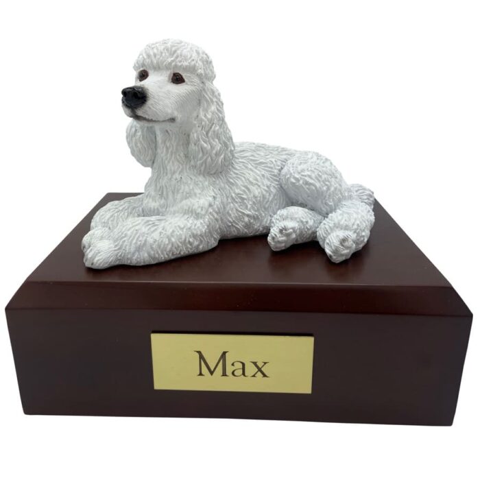 Poodle, laying, white, dog memorial cremation funeral urn