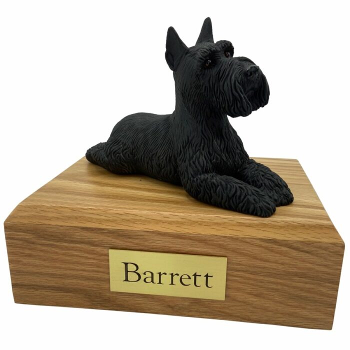 Schnauzer, black, laying, ears up, dog memorial cremation funeral urn