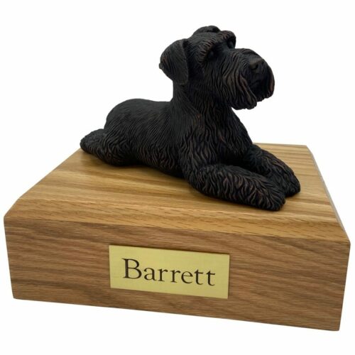 Schnauzer, bronze look, laying, ears down, dog memorial cremation funeral urn