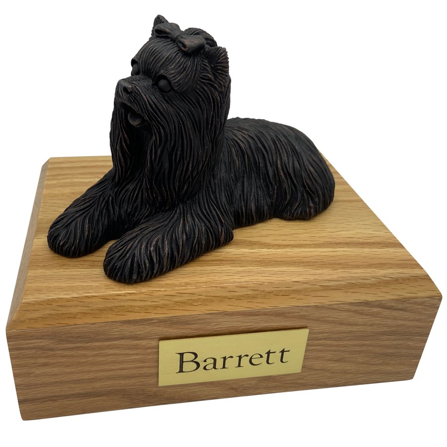 Yorkshire Terrier "Yorkie", laying, bronze look, dog memorial cremation funeral urn