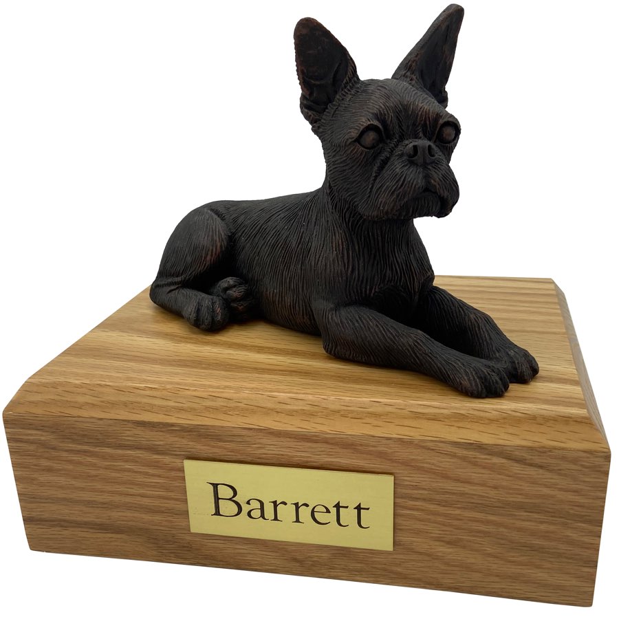 Boston Terrier, bronze look, laying, dog memorial cremation funeral urn