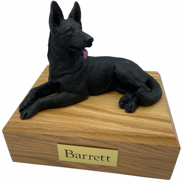 German Shepherd, black, laying, dog memorial cremation funeral urn