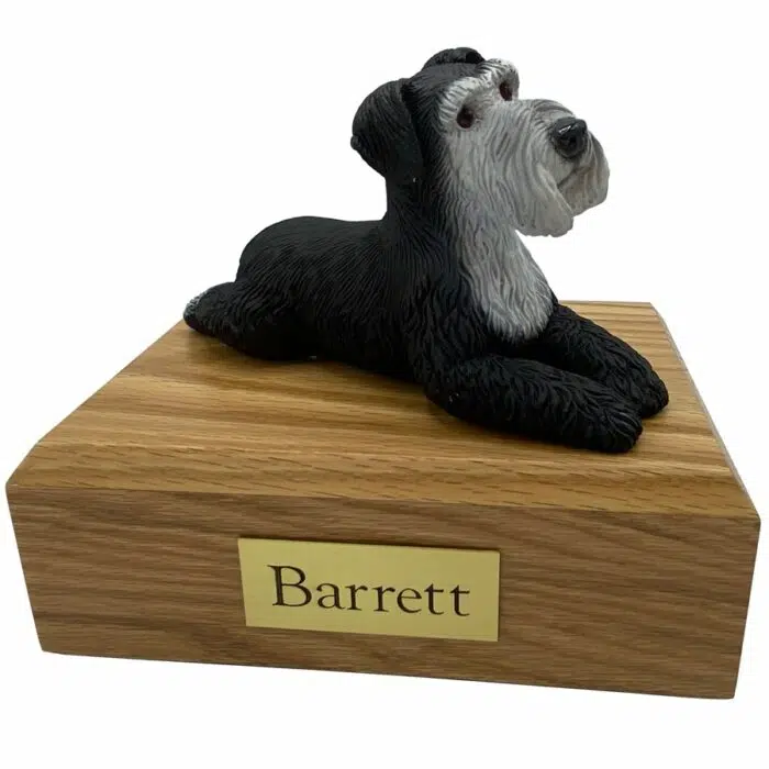 Schnauzer, black/silver, ears down, dog memorial cremation funeral urn