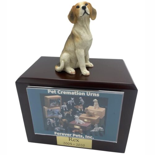 Beagle dog figurine atop wood memorial photo holder cremation urn