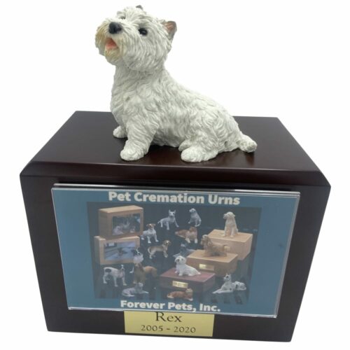 West Highland Terrier dog figurine atop wood memorial photo holder cremation urn