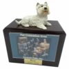 West Highland Terrier dog figurine atop wood memorial photo holder cremation urn