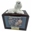 White Poodle dog figurine atop wood memorial photo holder cremation urn