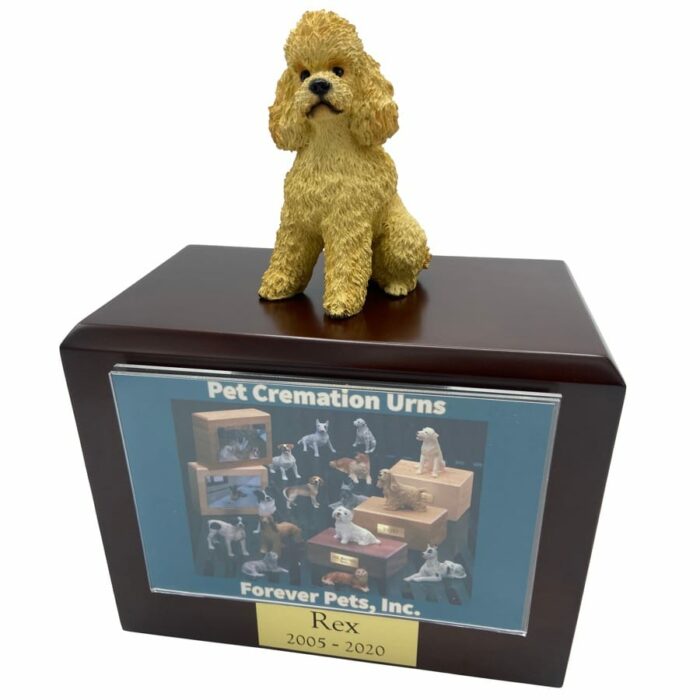 Apricot sport cut poodle dog photo holder memorial cremation urn