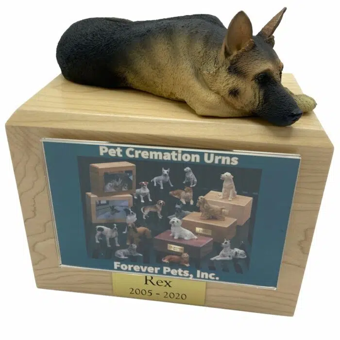 Black tan german shepherd dog photo holder memorial cremation urn