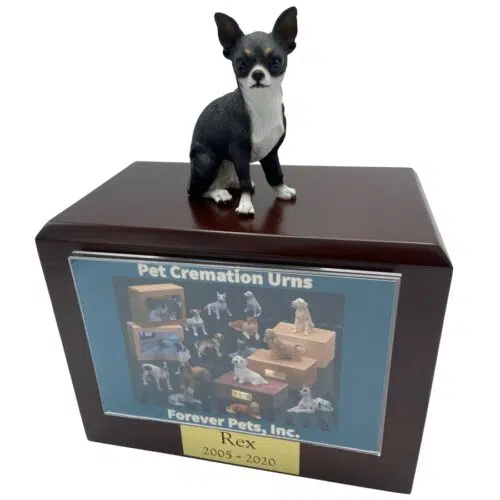 White/black Chihuahua dog photo holder memorial cremation urn