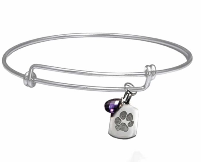 Bangle bracelet with actual paw print charm, sterling silver