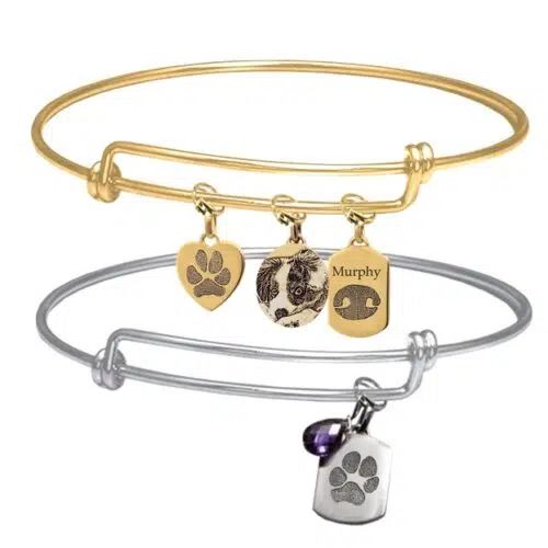 Bangle bracelet with actual paw print charm, sterling silver and gold plated