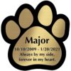 Engraved acrylic memorial urn plate, brass finish, paw print shape, block font