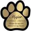 Engraved acrylic memorial urn plate, brass finish, paw print shape, script font