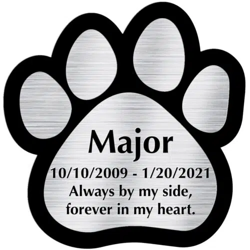 Engraved acrylic memorial urn plate, silver finish, paw print shape, block font