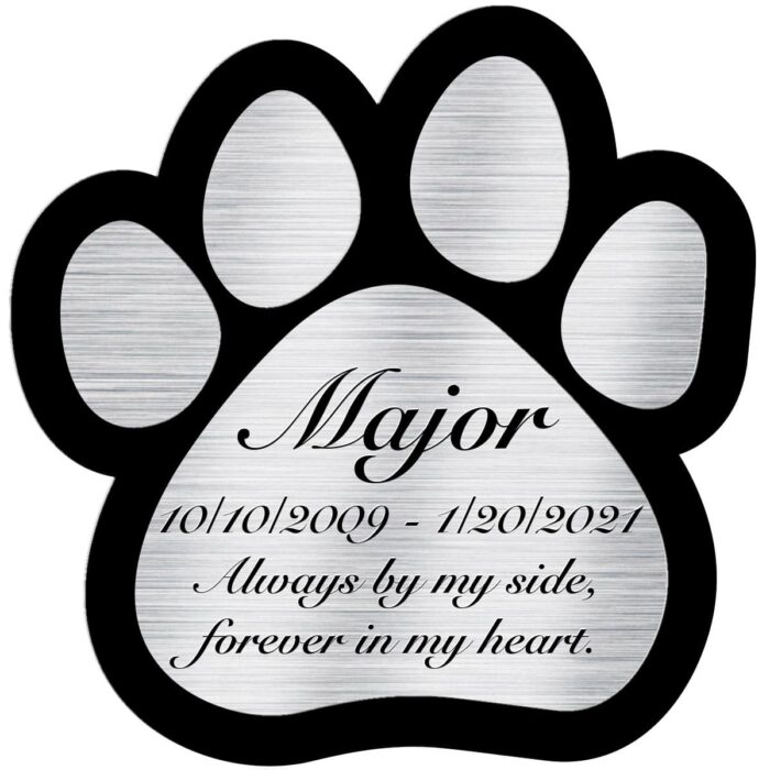 Engraved acrylic memorial urn plate, silver finish, paw print shape, script font