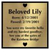 Engraved acrylic memorial urn plate, brass finish, square shape, block font