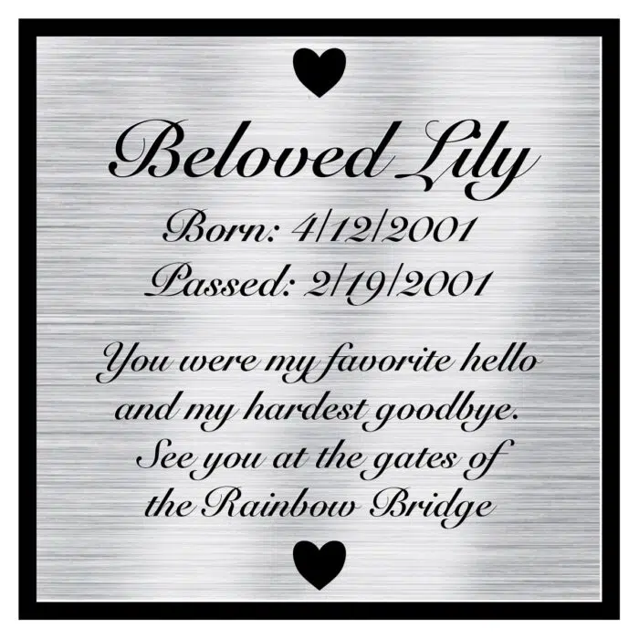 Engraved acrylic memorial urn plate, silver finish, square shape, script font