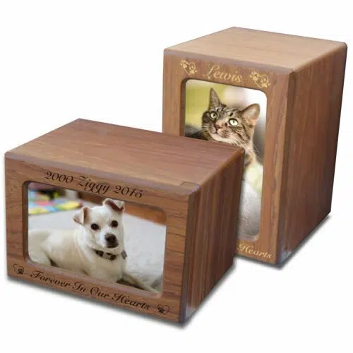 MDF wood memorial pet photo urn, teak finish, engraved, horizontal & vertical