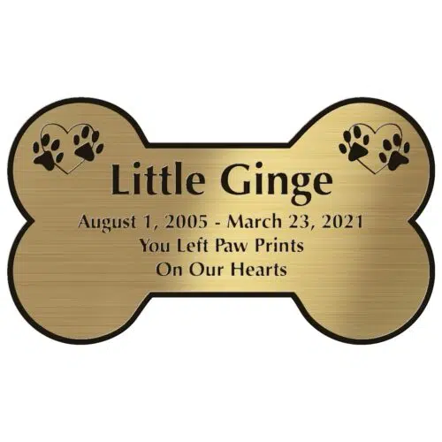 Engraved acrylic memorial urn plate, brass finish, bone shape, block font