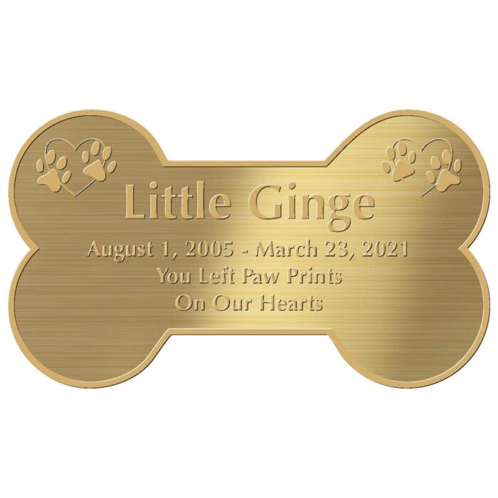 Engraved acrylic memorial urn plate, brass finish, bone shape, gold text, block font