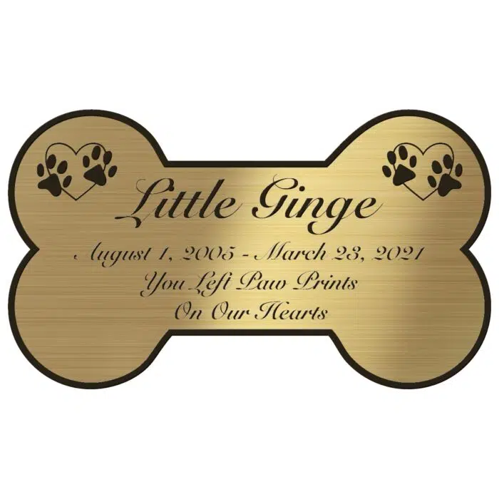 Engraved acrylic memorial urn plate, brass finish, bone shape, script font