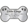 Engraved acrylic memorial urn plate, silver finish, bone shape, block font